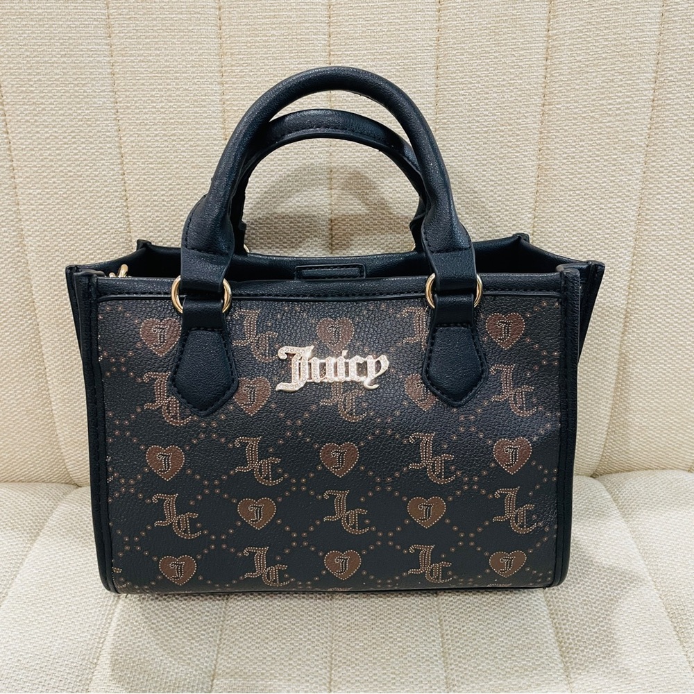 NEW Juicy Couture Black Brown Monogram Heart Satchel Crossbody Bag Gold Logo